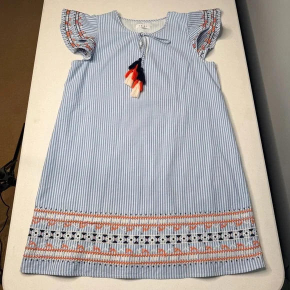 THML Blue and White Striped Cotton Sun Dress with Tassels & Embroidered Details - Picture 13 of 14